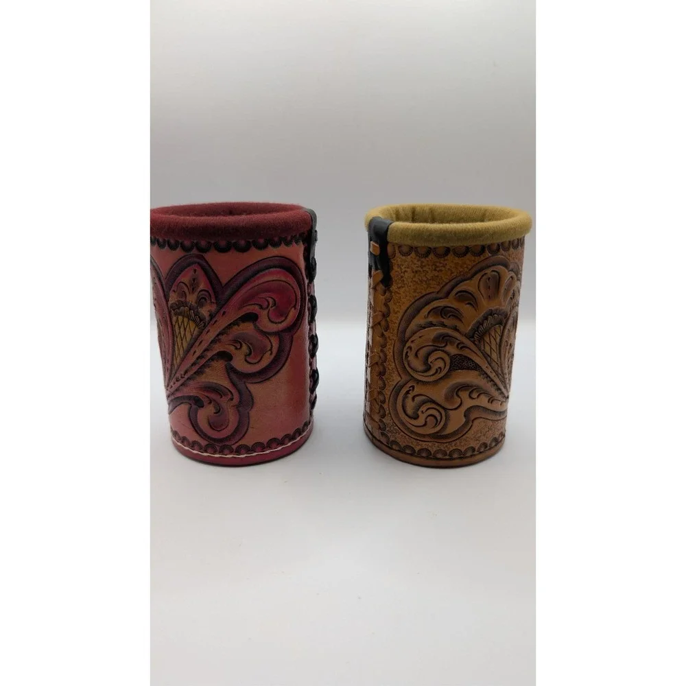 Vintage Hand Tooled Leather Can Koozies Set of 2 Western Floral Drink Cozies